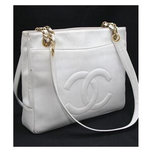 Chanel Dekakoko Mark Chain Shoulder Tote Bag Caviar White